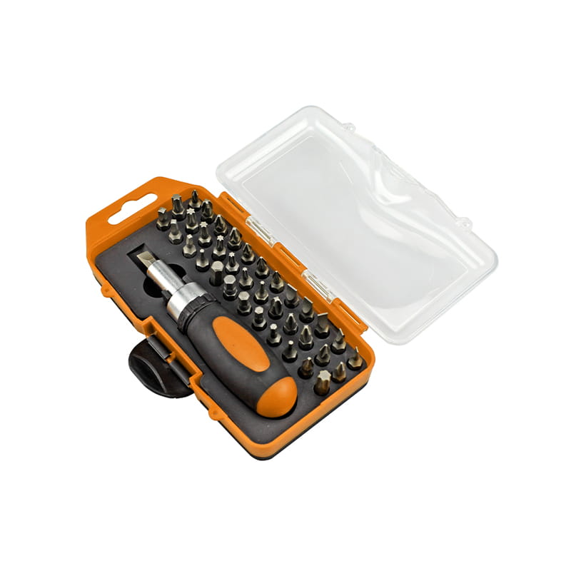 38-teiliges CRV-Bit-Set mit Ratschengriff und Kunststoffbox-Verpackung